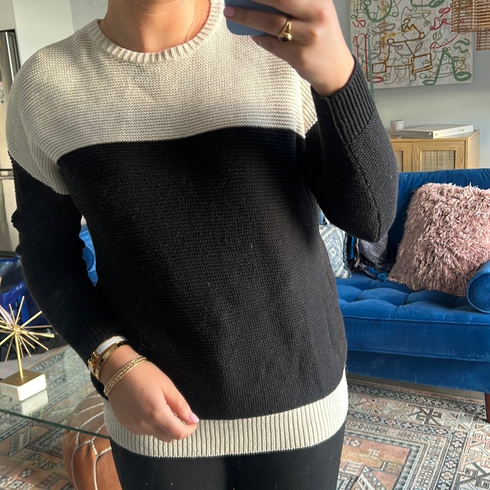 Color blocked light knit crew neck sweater
